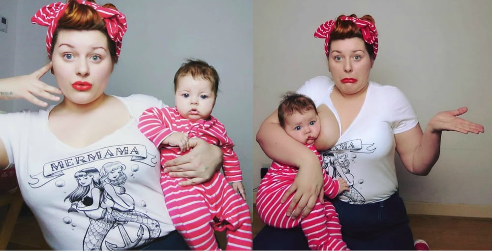 Image of 'MERMAMA' Scoop Neck Tee in White & Navy