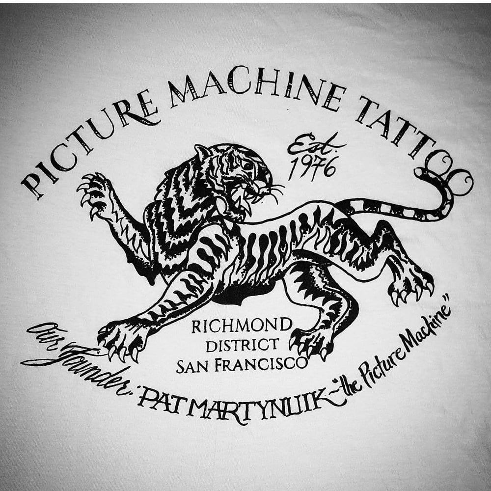 Image of Black on white picture machine tiger crew neck t-shirt/ indicate size in notes section