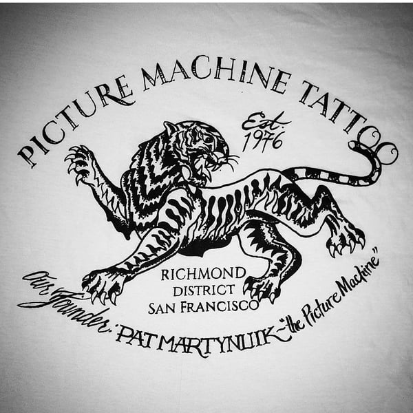 Image of Black on white picture machine tiger crew neck t-shirt/ indicate size in notes section