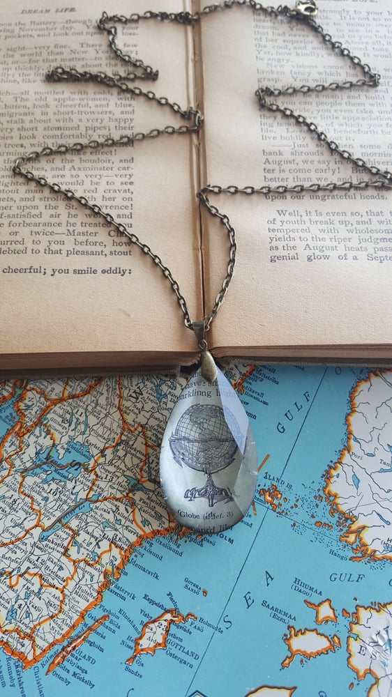 Image of World Globe Vintage Dictionary Page Pendant & Chandelier Crystal Necklace