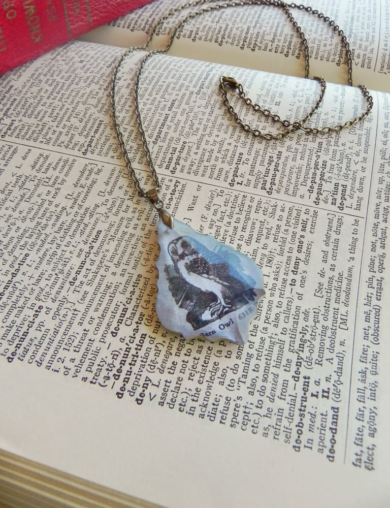 Image of Barn Owl Repurposed Chandelier Crystal & Vintage Page Pendant Necklace