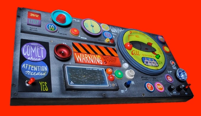Kids Outer Space CONTROL Panel . Lights Spinning Knobs 14x26 Hand Made  by John Higby / BigYoYoArt