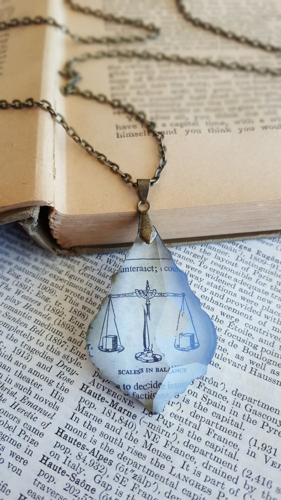 Image of Scales of Justice Vintage Dictionary Page and Chandelier Crystal Necklace