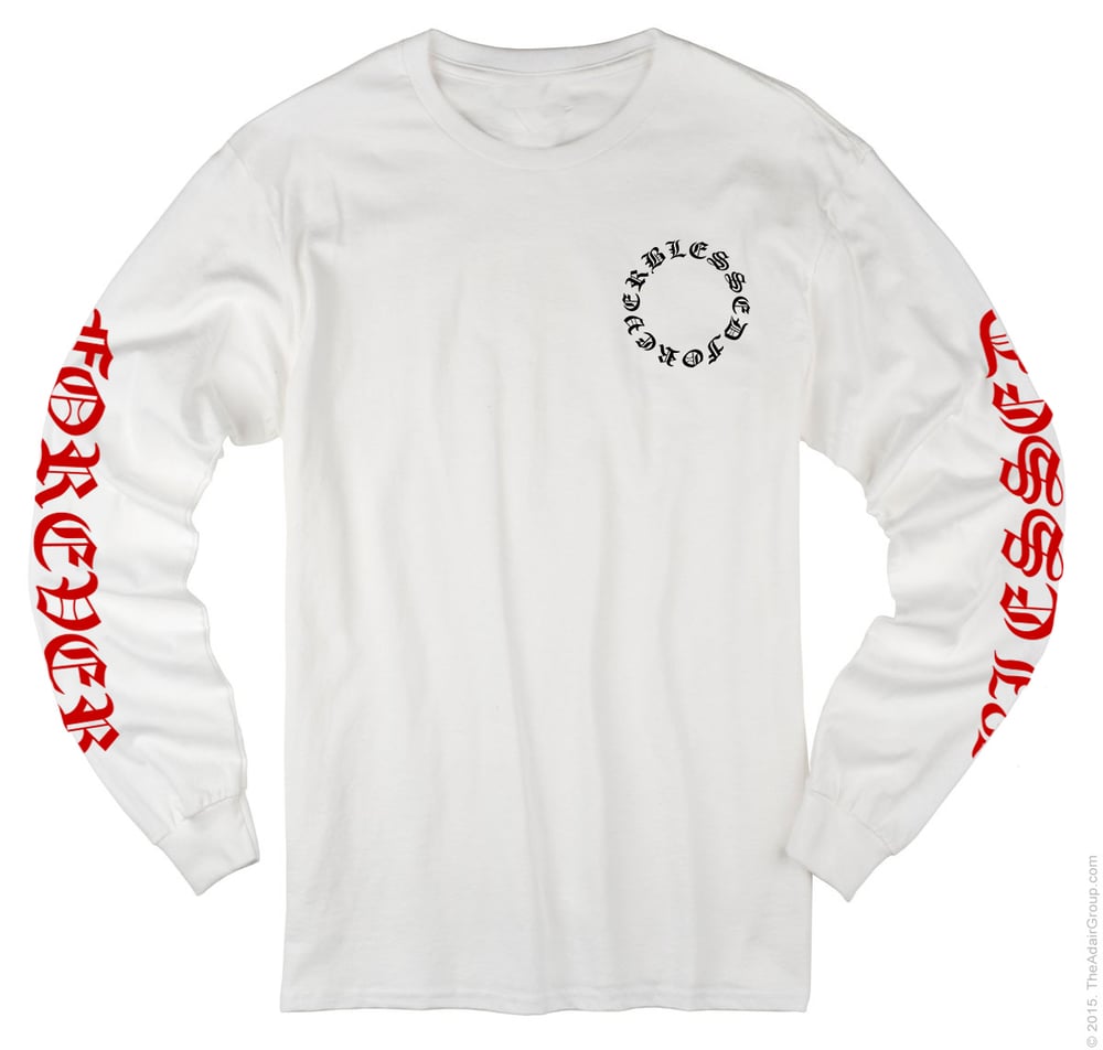 Image of White Long Sleeve w/ Red Logo On Sleeves