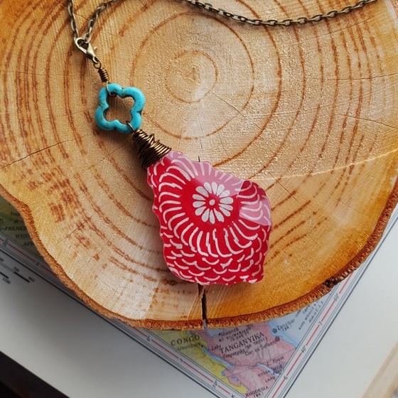 Image of "Wanderer" Carved Turquoise & Bohemian Block Print Pendant Necklace