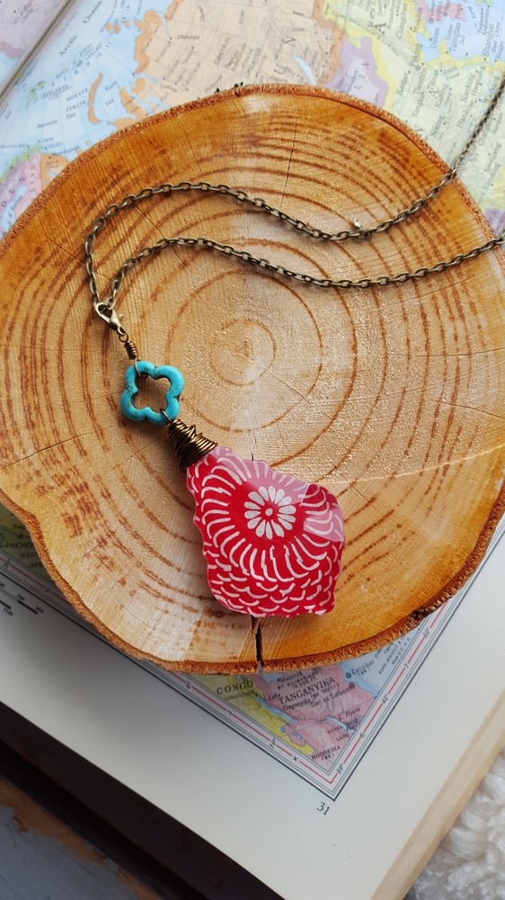 Image of "Wanderer" Carved Turquoise & Bohemian Block Print Pendant Necklace