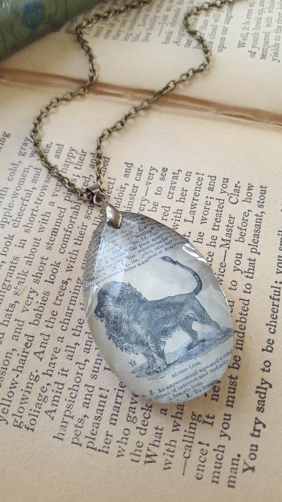 Image of Lion Leo Salvaged Chandelier Crystal & Book Page Pendant Necklace