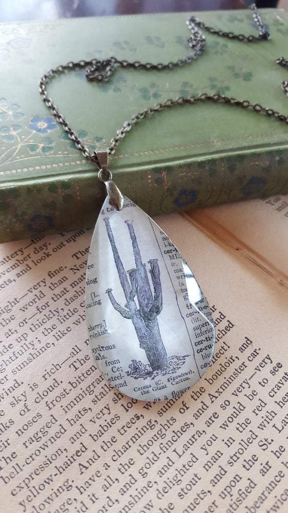 Image of Southwest Cactus Vintage Book Page Pendant Necklace