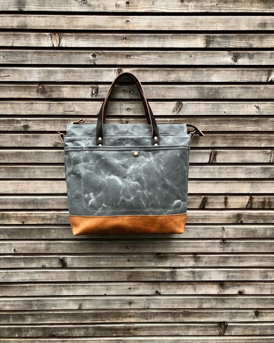 Image of Waxed canvas tote bag - carry all - diaper bag with padded laptop compartment COLLECTION UNISEX