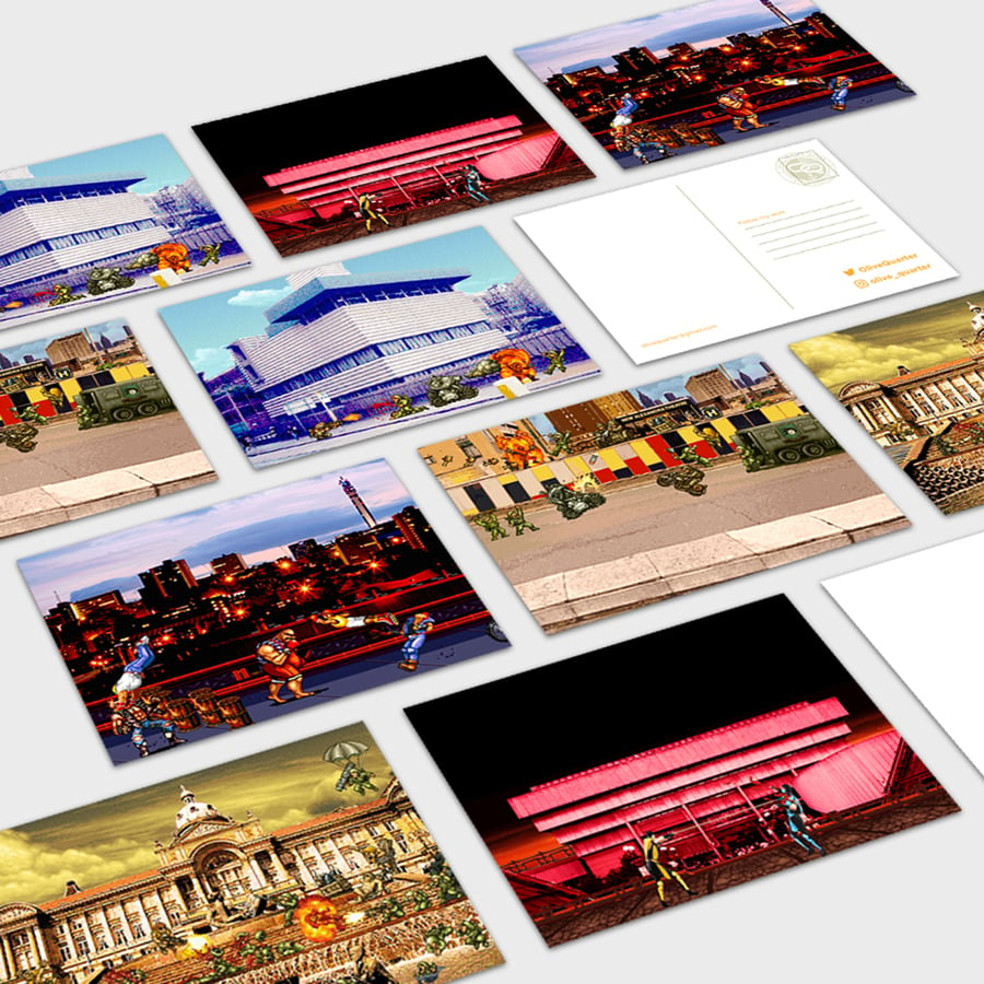 Image of Pack of 5 Birmingham themed retro game postcards