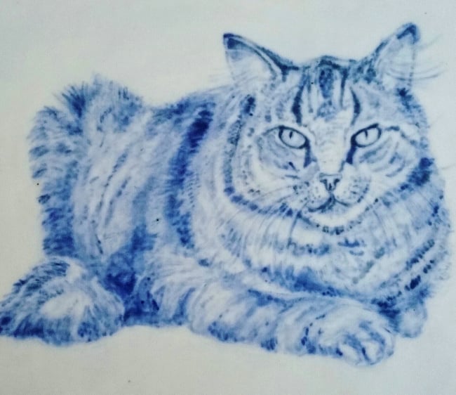 Cobalt Fat Cat  Handpainted/Scrafitto Porcelain Tile