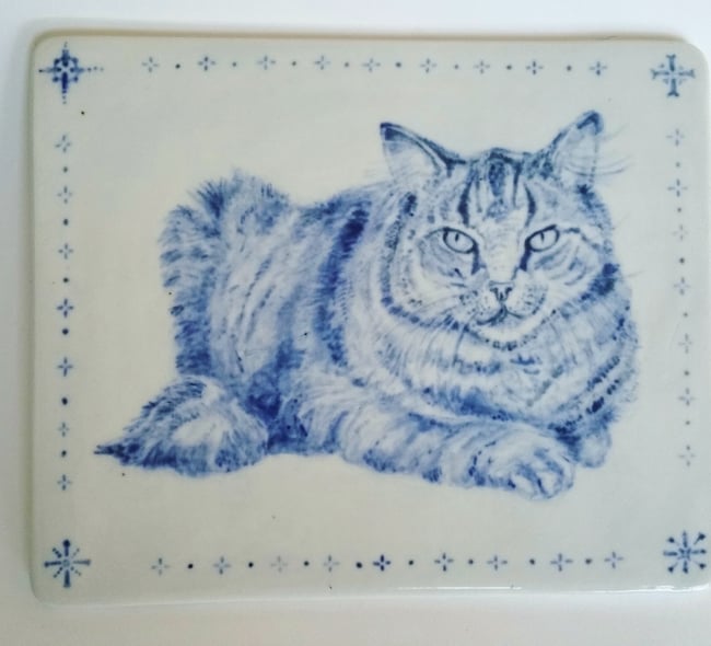 Cobalt Fat Cat  Handpainted/Scrafitto Porcelain Tile