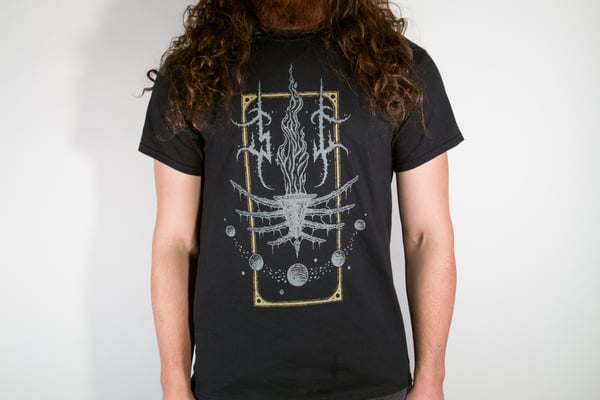 Image of Black emblem shirt with phrase on back