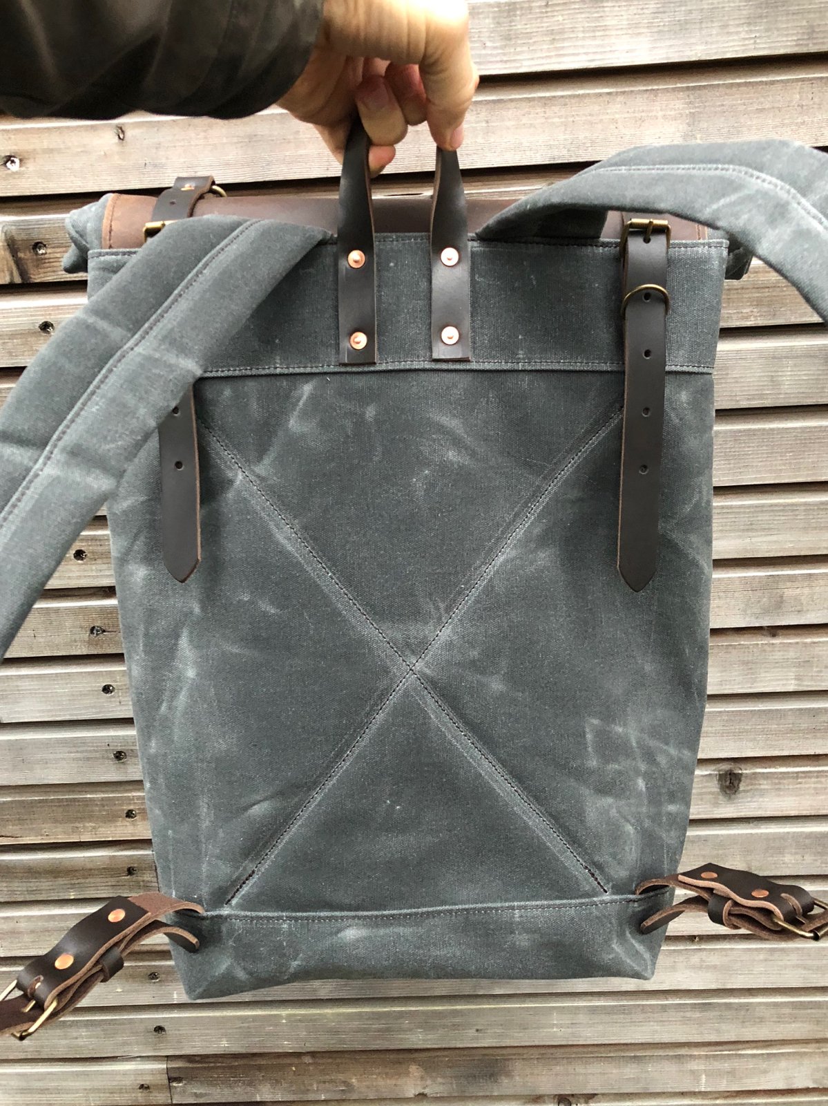 Image of Wax canvas rucksack - backpack with roll up top and double waxed bottem COLLECTION UNISEX
