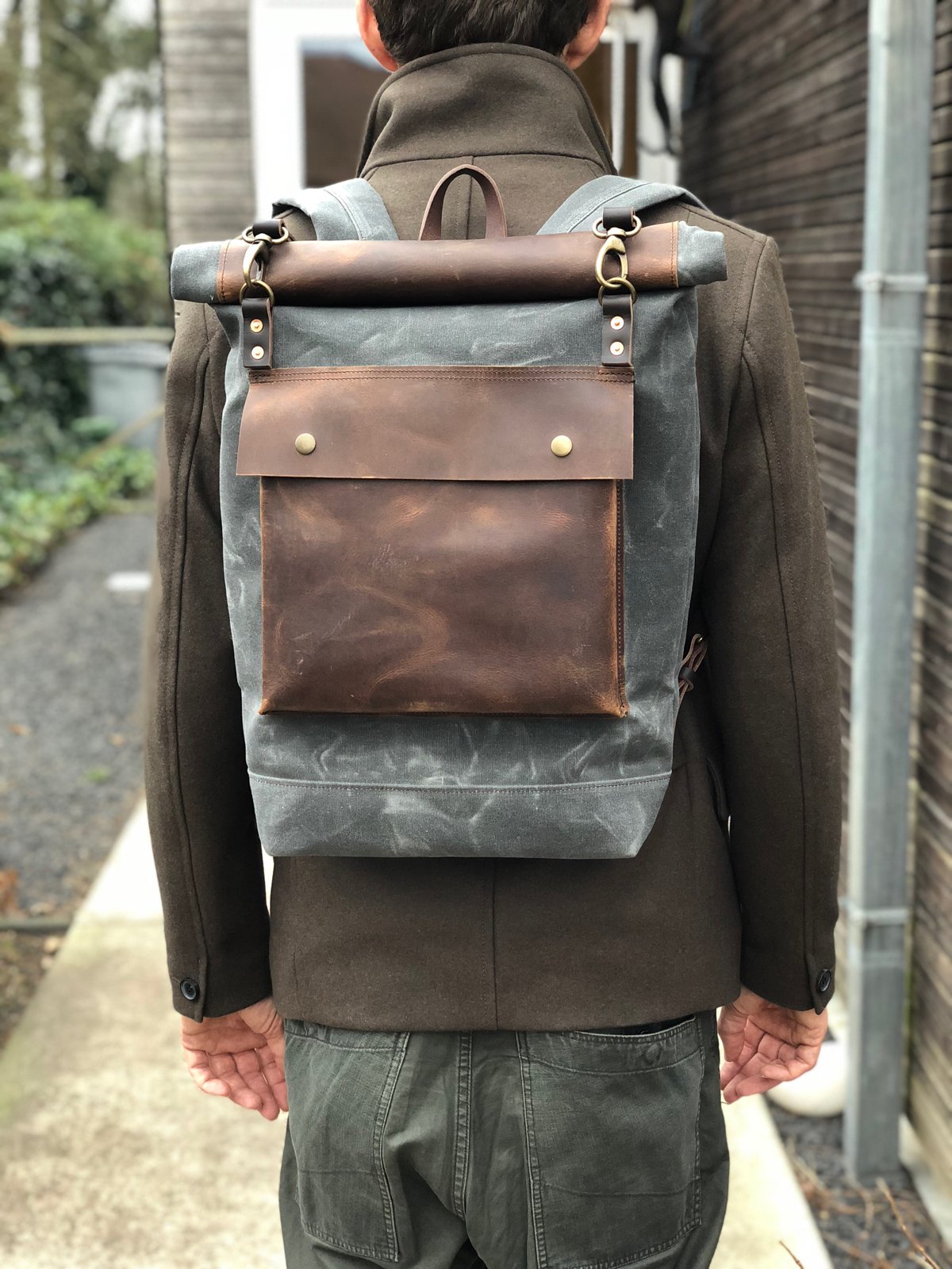 Image of Wax canvas rucksack - backpack with roll up top and double waxed bottem COLLECTION UNISEX