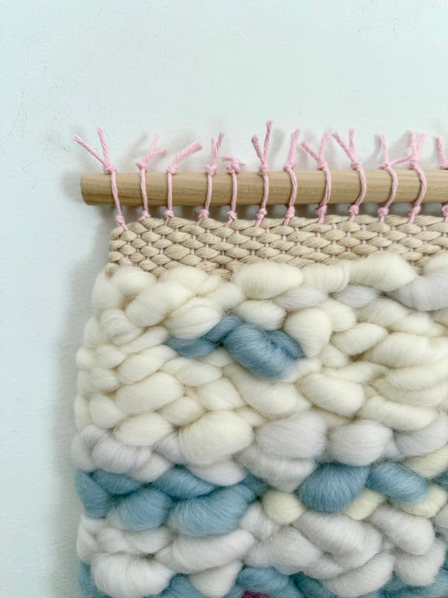 Little blue house & the rainbow mountains. Woven wall hanging.