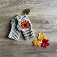 Crochet Taupe orange flower fingerless gloves