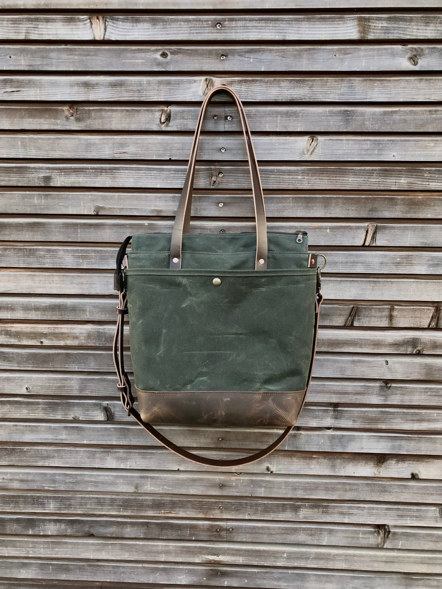 Image of Forest green waxed canvas tote bag / office bag with leather bottom and cross body strap