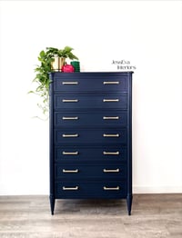 Image 1 of Vintage Stag Chateau Tallboy / Large Chest of Drawers painted in navy blue.