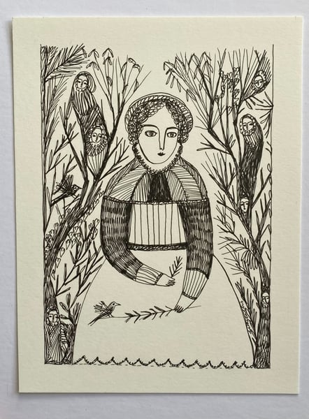 Image of Portrait of a woman with bird on a stem - original drawing 