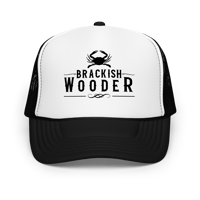 Image 3 of Brackish Wooder Foam Trucker Hat – Black Logo with Chesapeake Blue Crab | Snapback Mesh Cap