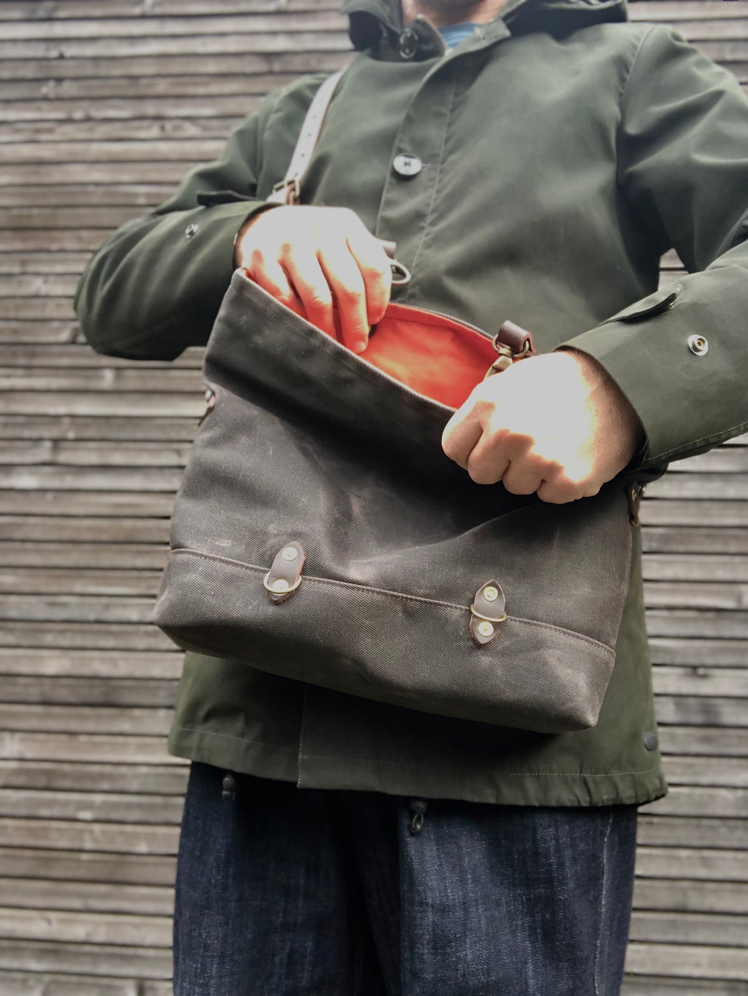 Image of Field bag made in waxed canvas and leather satchel / messenger bag / canvas day bag