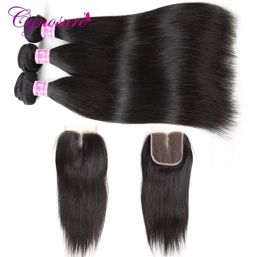 Image of Brazilian straight human hair 3 bundles with lace closure