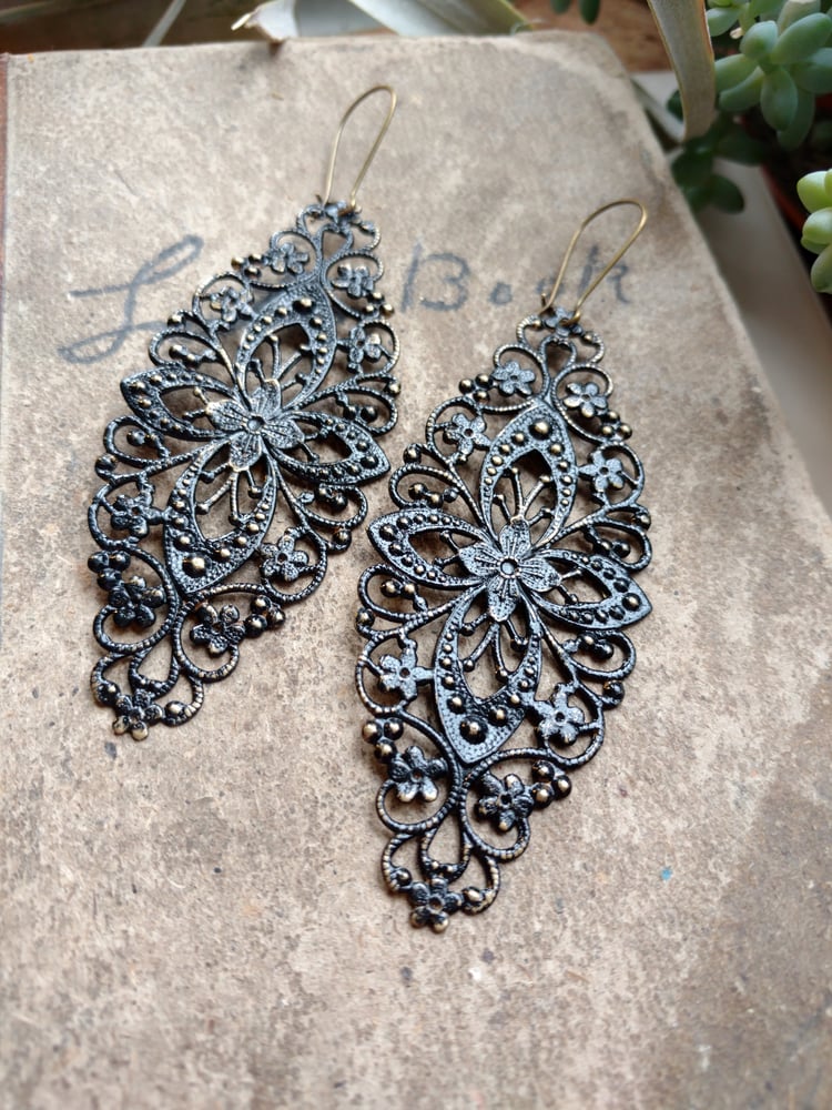 Image of Black Filigree Distressed Enamel Brass Bohemian Earrings