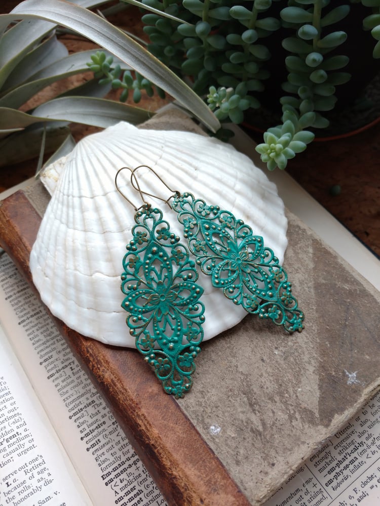 Image of Teal Filigree Distressed Enamel Brass Bohemian Earrings