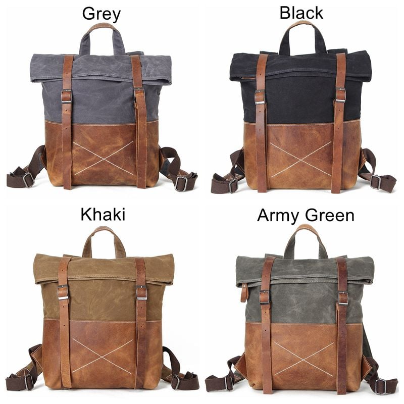 Small Leather Canvas Backpack Purse Bag - Grey, Green or Khaki