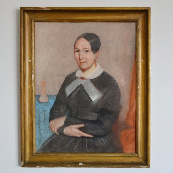 Image of 19thC Pastel Portrait, Woman with White Collar