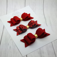 Image 2 of Red Double Loop Bow Set - Headband or Clip