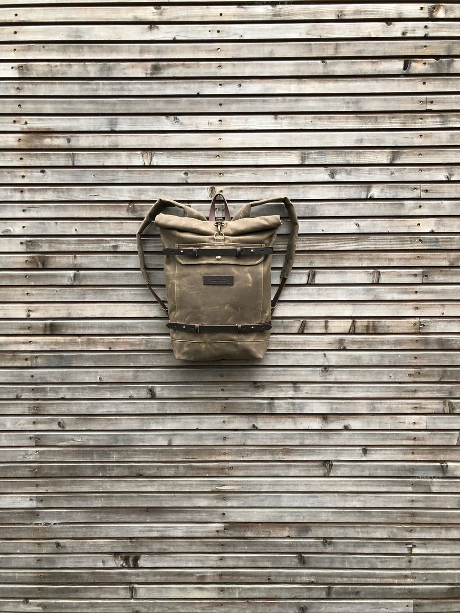 Image of Waxed canvas backpack - rucksack with folded top and waxed canvas padded shoulder straps