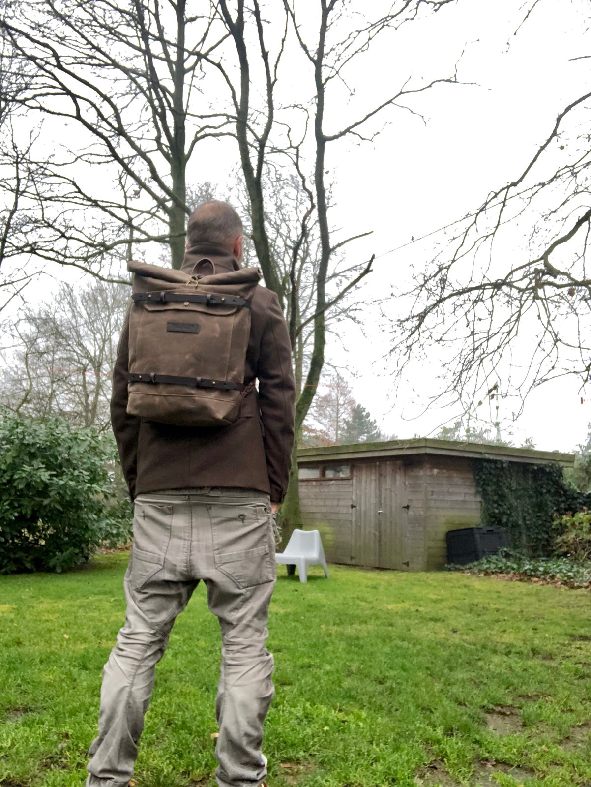 Image of Waxed canvas backpack - rucksack with folded top and waxed canvas padded shoulder straps