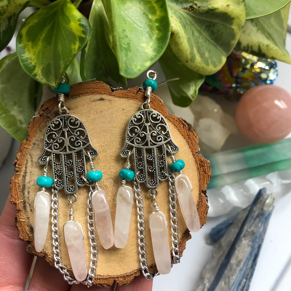 Image of Hamsa Hand Earrings with Rose Quartz & Turquoise Howlite