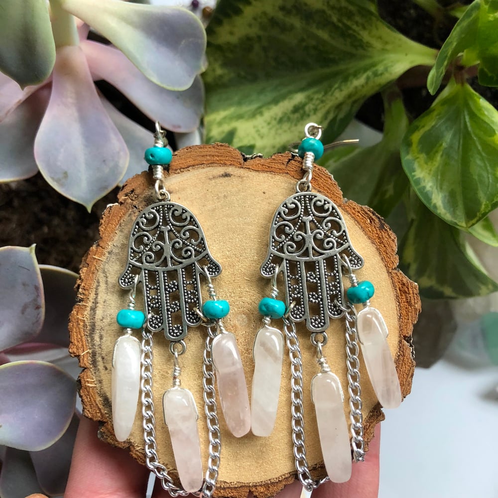 Image of Hamsa Hand Earrings with Rose Quartz & Turquoise Howlite