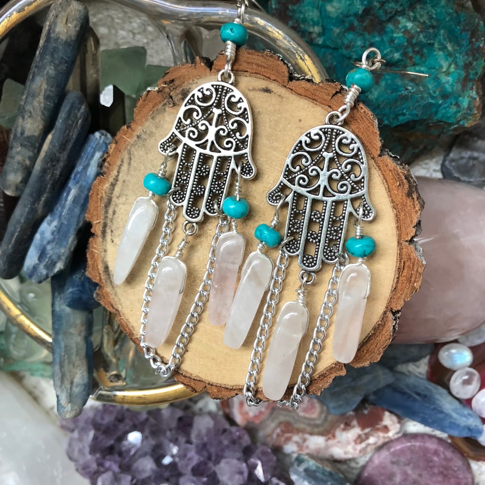 Image of Hamsa Hand Earrings with Rose Quartz & Turquoise Howlite