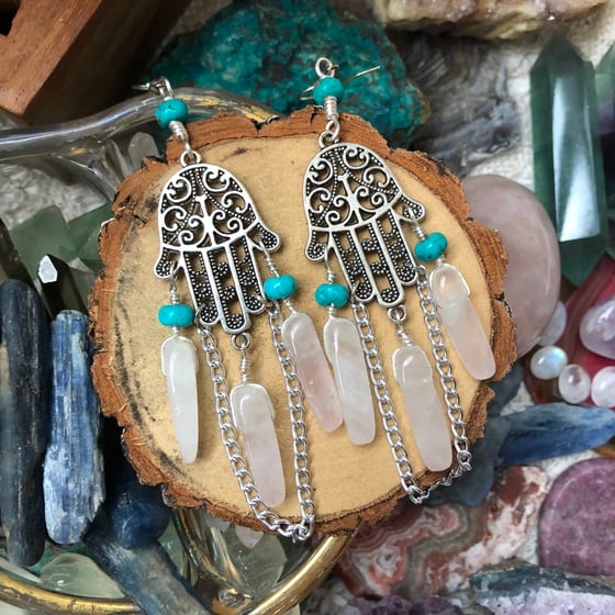 Image of Hamsa Hand Earrings with Rose Quartz & Turquoise Howlite