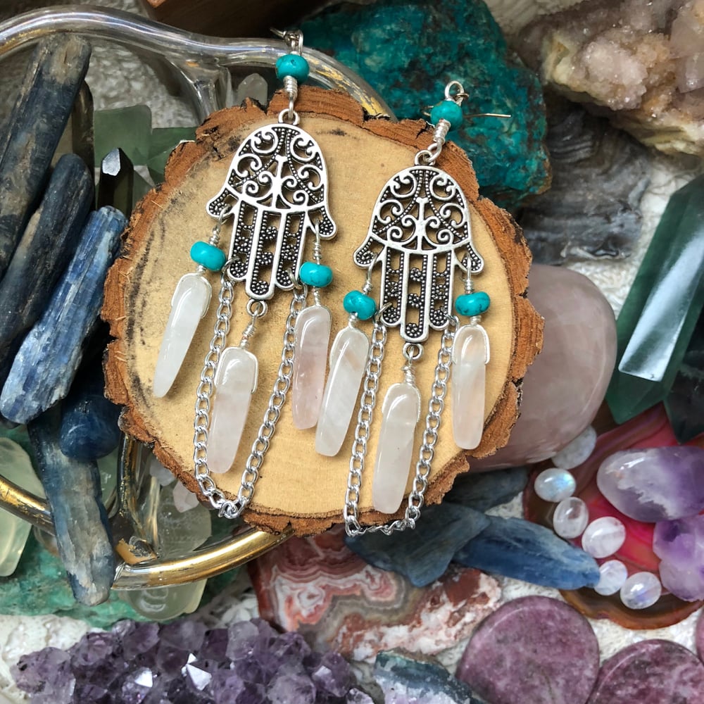 Image of Hamsa Hand Earrings with Rose Quartz & Turquoise Howlite