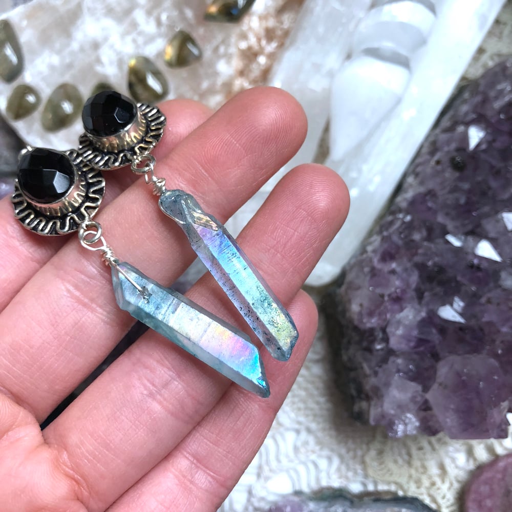 Image of Faceted Black Onyx, Aqua Aura Quartz + Blue Kyanite Earrings