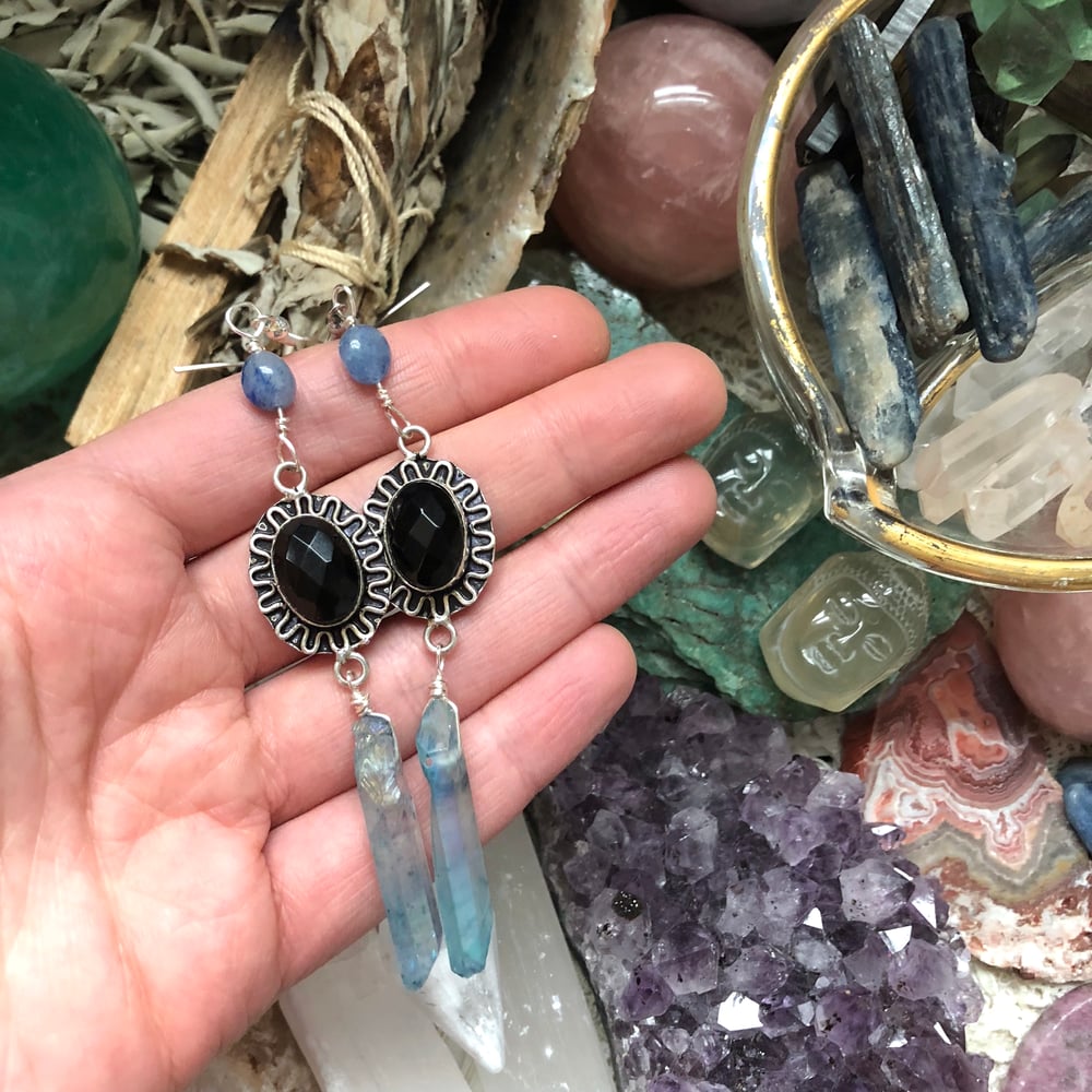 Image of Faceted Black Onyx, Aqua Aura Quartz + Blue Kyanite Earrings