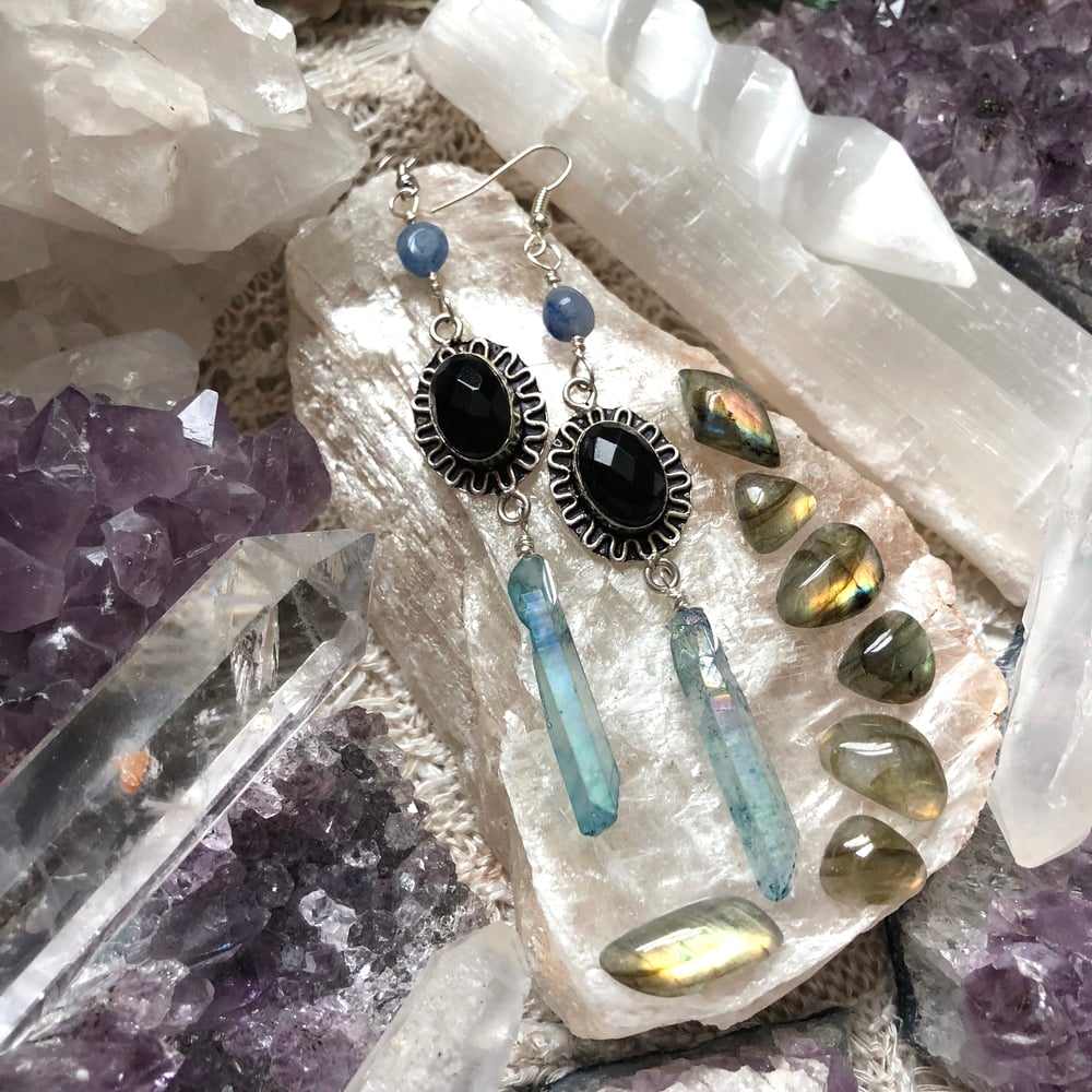 Image of Faceted Black Onyx, Aqua Aura Quartz + Blue Kyanite Earrings