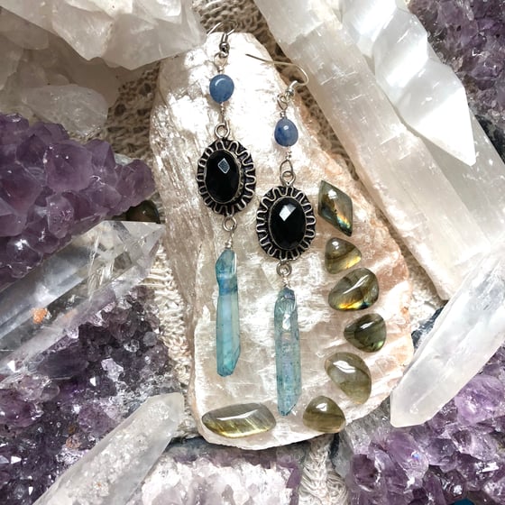 Image of Faceted Black Onyx, Aqua Aura Quartz + Blue Kyanite Earrings