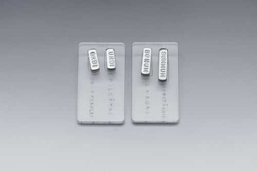 Image of classic silver earrings with inscription in Latin