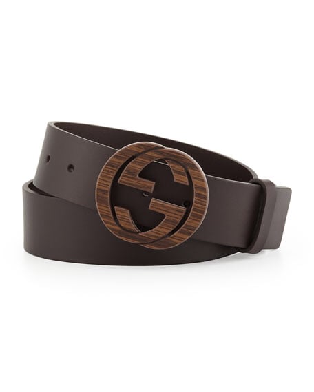 Theloft — Gucci Brown Leather Wood Grain Interlocking GG Buckle Belt