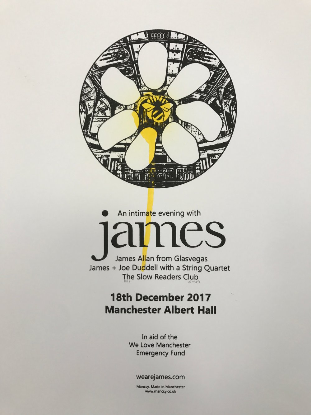 Image of A3 James at Albert Hall 2017 screen print with spray paint 