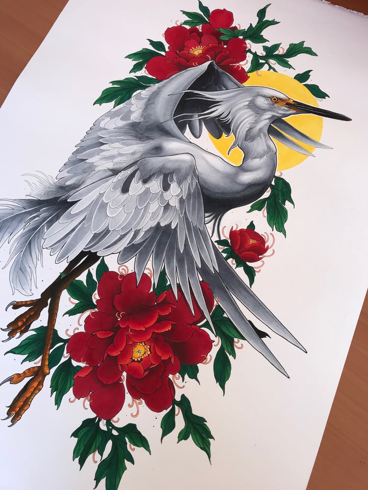 Image of Heron on Peonies 2018