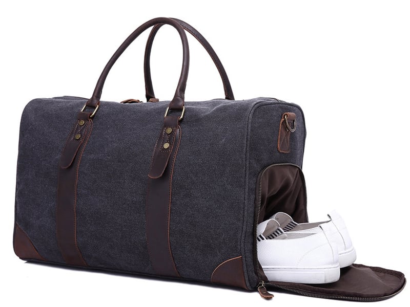 Image of Canvas Leather Trim Travel Duffel Shoulder Handbag Weekender Carry On Luggage with Shoe Pouch F24