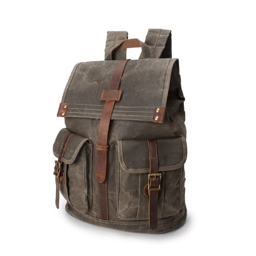 21L Vintage Canvas Backpack for Men Leather Rucksack 15'' Laptop School ...