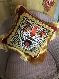Image 5 of Red Velvet Leopard Tiger Patch Fringed Cushion Cover